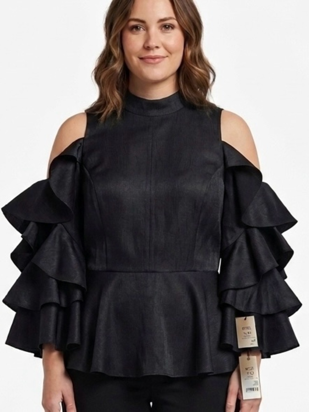 AKIRA Black Ruffle Sleeve Cold Shoulder Fitted Blouse Top Large